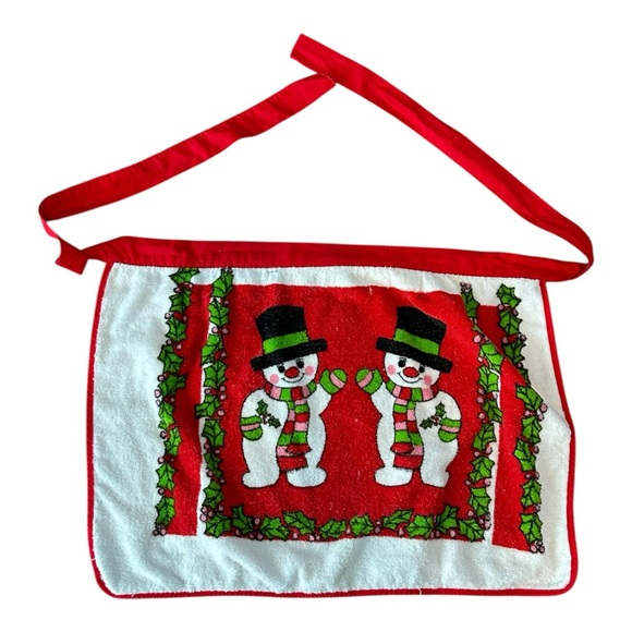 VTG Christmas Half Aprons Lot of 3 Terry Cloth Red Green Tie Back Santa Snowman - Picture 6 of 16